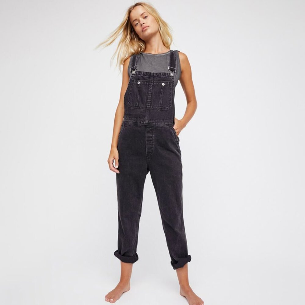 Free People We the Free Charcoal Gray Washed Denim Overalls Size 27